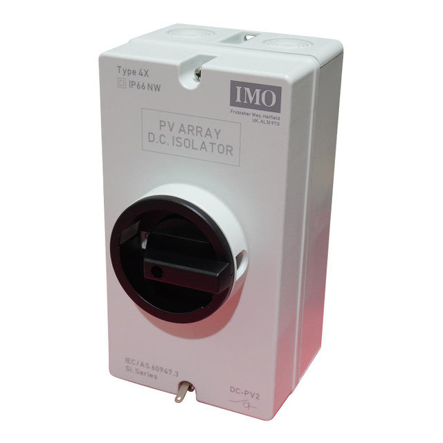 IMO DC disconnect rooftop isolator switch with a black handle, white body, and Type E2 label.