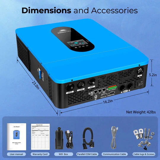 SunGold 6.5KW 48V Split Phase Solar Inverter Dimensions and Accessories