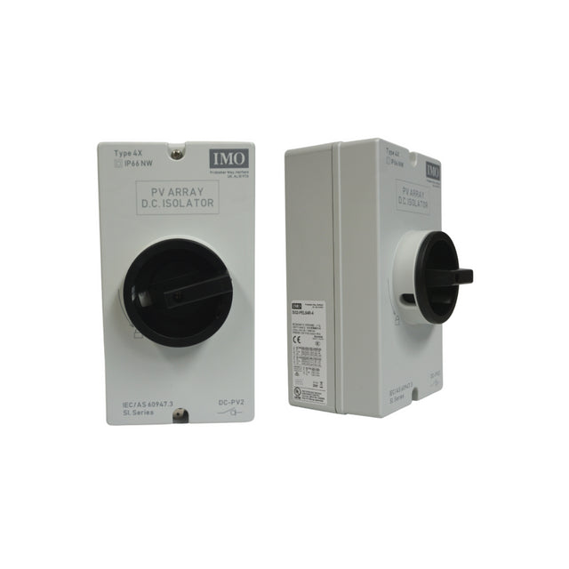 IMO DC disconnect rooftop isolator switch with a black handle, white body, and Type E2 label.