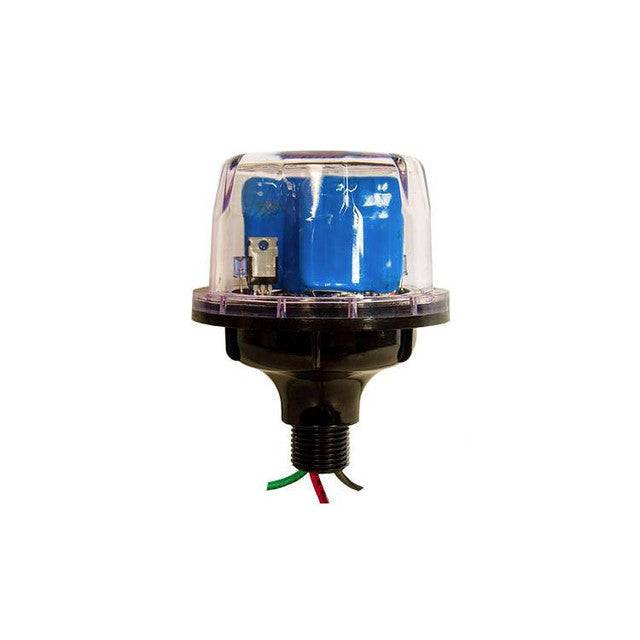A Midnite Solar Lightning and Surge Arrestor with a blue body, clear protective cover, and multiple cable inputs.