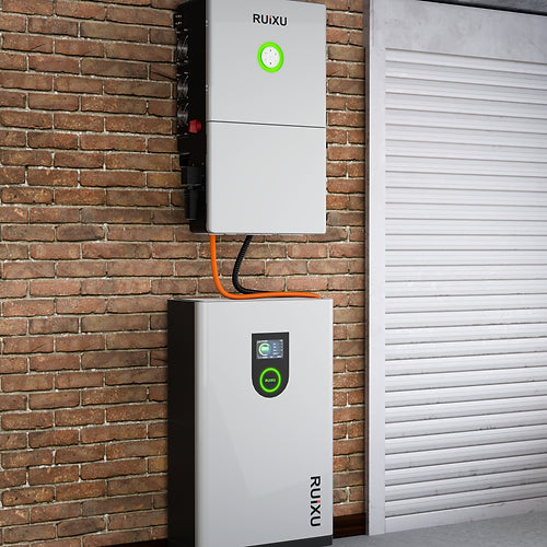 A white RUiXU RX-12K Hybrid Inverter with a green logo, displaying the brand name and some control indicators on the front