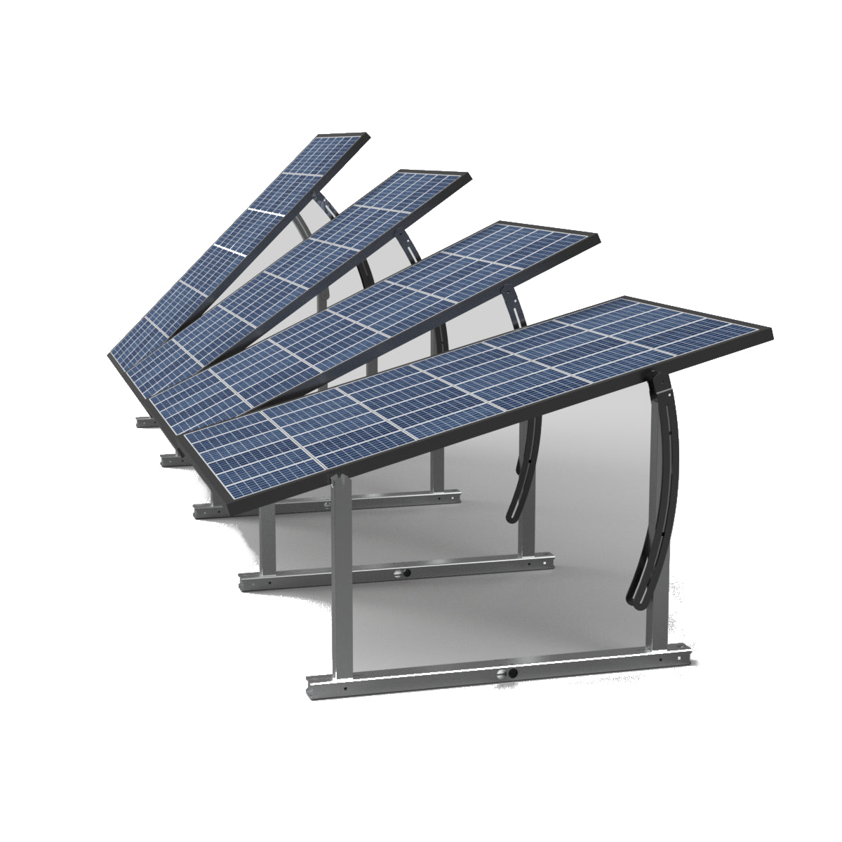 An IntegraRack IR-45ASA Solar Panel Ground Mount made from aircraft grade aluminum, featuring multiple panels at an angle relative to the ground.