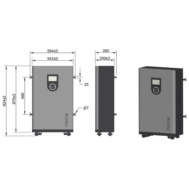 A silver RUiXU Lithi2-16 Battery Energy Storage IP65 outdoor unit with a digital display and wheels for mobility, designed for use in solar energy systems.