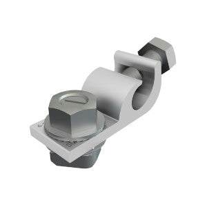 A silver Sunmodo grounding lug with a stainless T-bolt and serrated washer designed for creating a secure metal-to-metal connection.