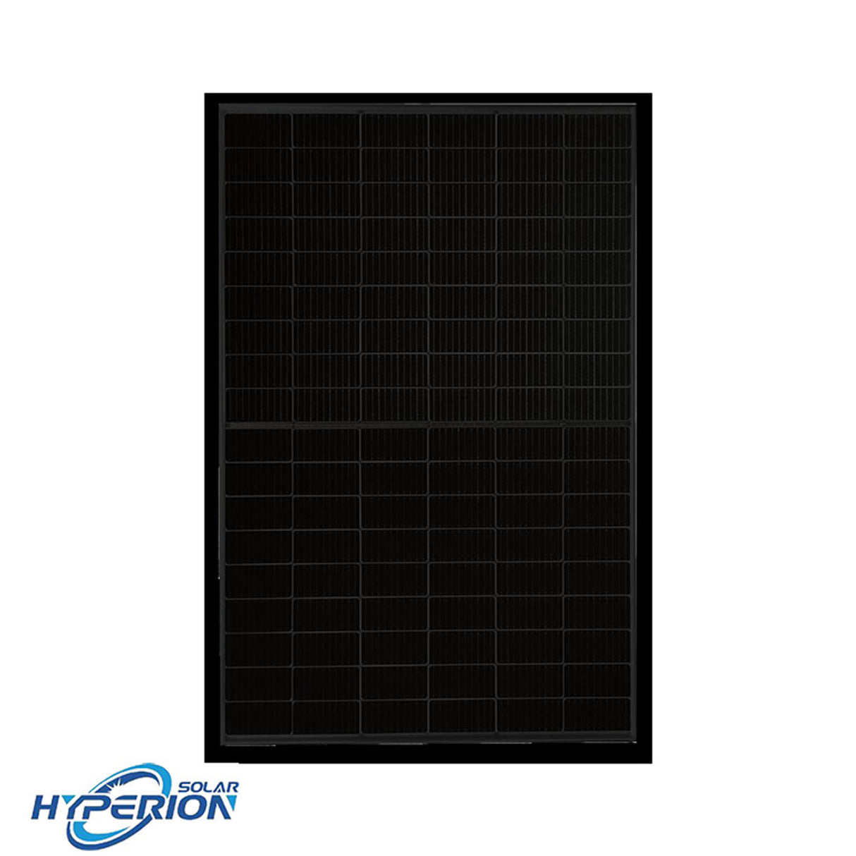 A black Hyperion by Runergy 400W Bifacial Solar Panel, with a grid-like pattern, designed for residential installations and energy solutions.