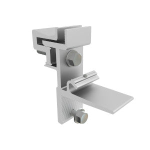 A silver-colored Sunmodo NanoRack Universal Bracket for rail-less PV arrays.