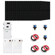 Black solar panels, inverter, two batteries and cables. 