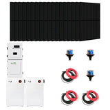 Black solar panels, inverter, two batteries and cables. 