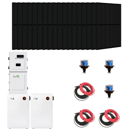 Black solar panels, inverter, two batteries and cables. 