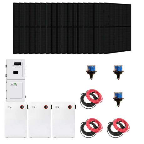 MidNite Solar Complete Hybrid Backup Kit with panels, inverter, cables and 3 batteries. 
