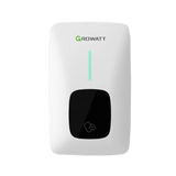 White electronic device with a black screen and green indicator light on a white background, featuring the Growatt logo.