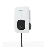 White power adapter with black square and green logo on a white background