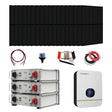 Complete Off-Grid Solar Kit, with solar panels, batteries, and related equipment on a white background
