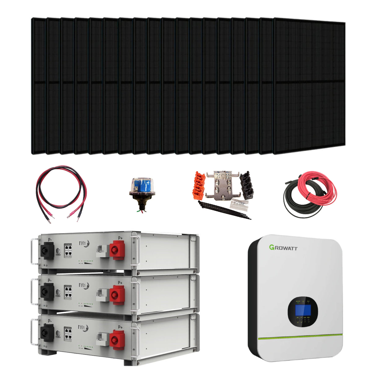 Complete Off-Grid Solar Kit, with solar panels, batteries, and related equipment on a white background
