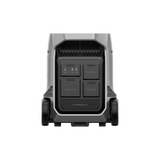 EcoFlow DELTA Pro 3 portable power station, rear view with covered ports, cooling vents, and integrated wheels.
