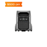 EcoFlow DELTA Pro 3 portable power station front view with display, AC outlets, 30A socket, USB ports, and wheels.